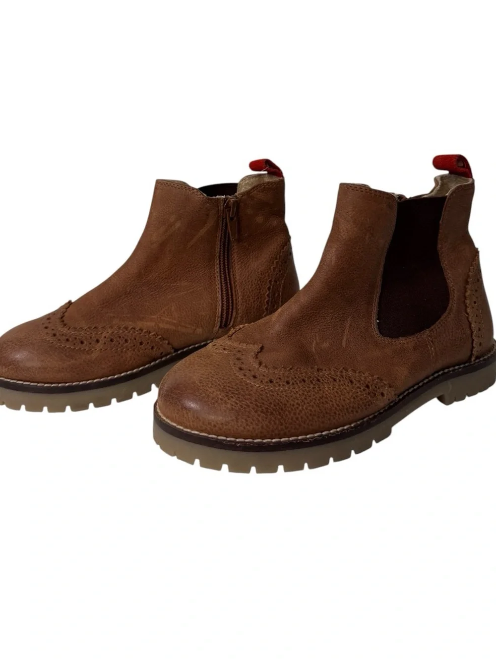 Mini Boden Kids Wingtip Chelsea Boots EU 31 Brown Leather Brogue Lug Sole